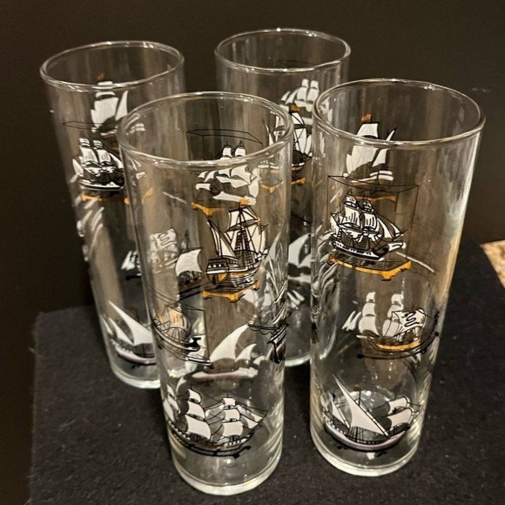 Vintage Libbey Nautical Tall Ship Design Hi Ball Glasses Set of 4